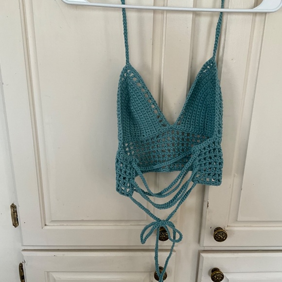 Hand Crafted HalterCrochet Boho Hippie Bralette Crop Top Off the Shoulder Mesh - Picture 3 of 7